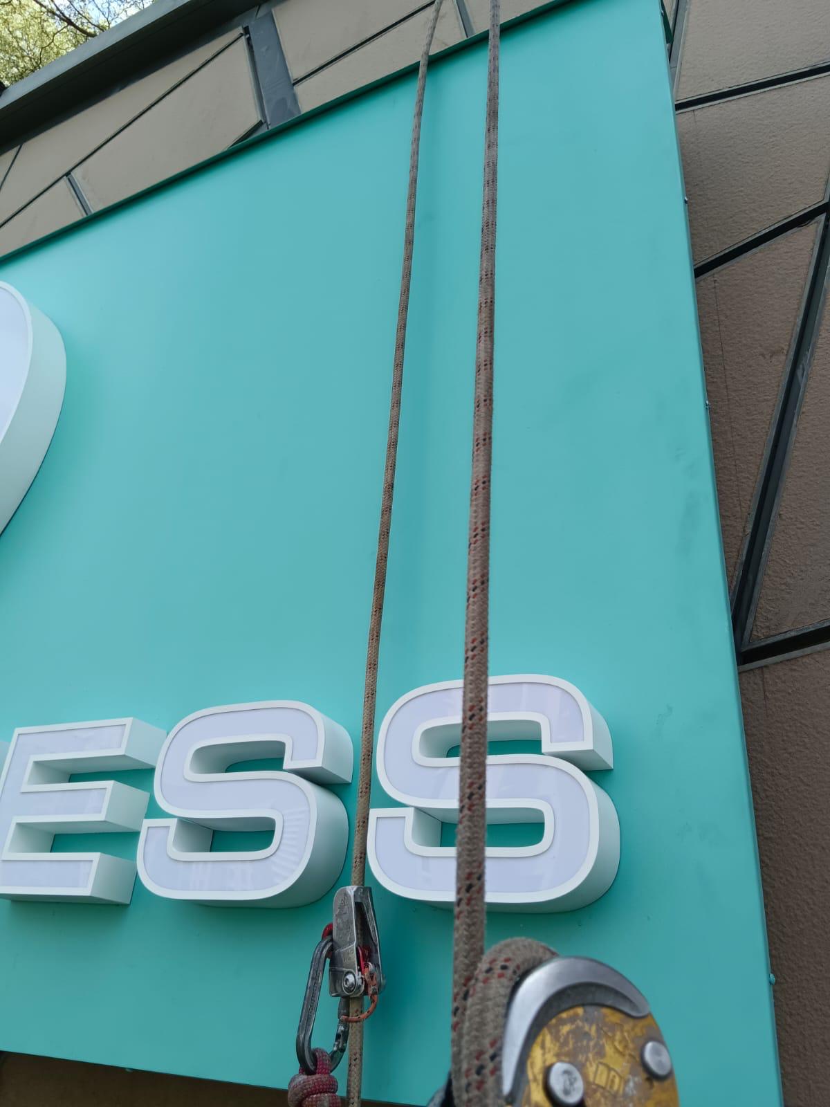 Rope access twin-rope rigging on The Seletar Mall facade beside finished fitness signage, with carabiner and descender visible at the lower frame
