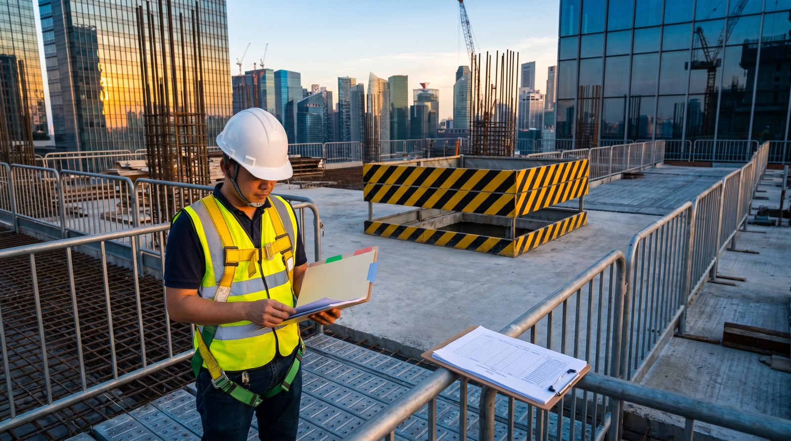 Work at height supervisor reviewing a fall prevention plan beside rooftop guardrails in Singapore