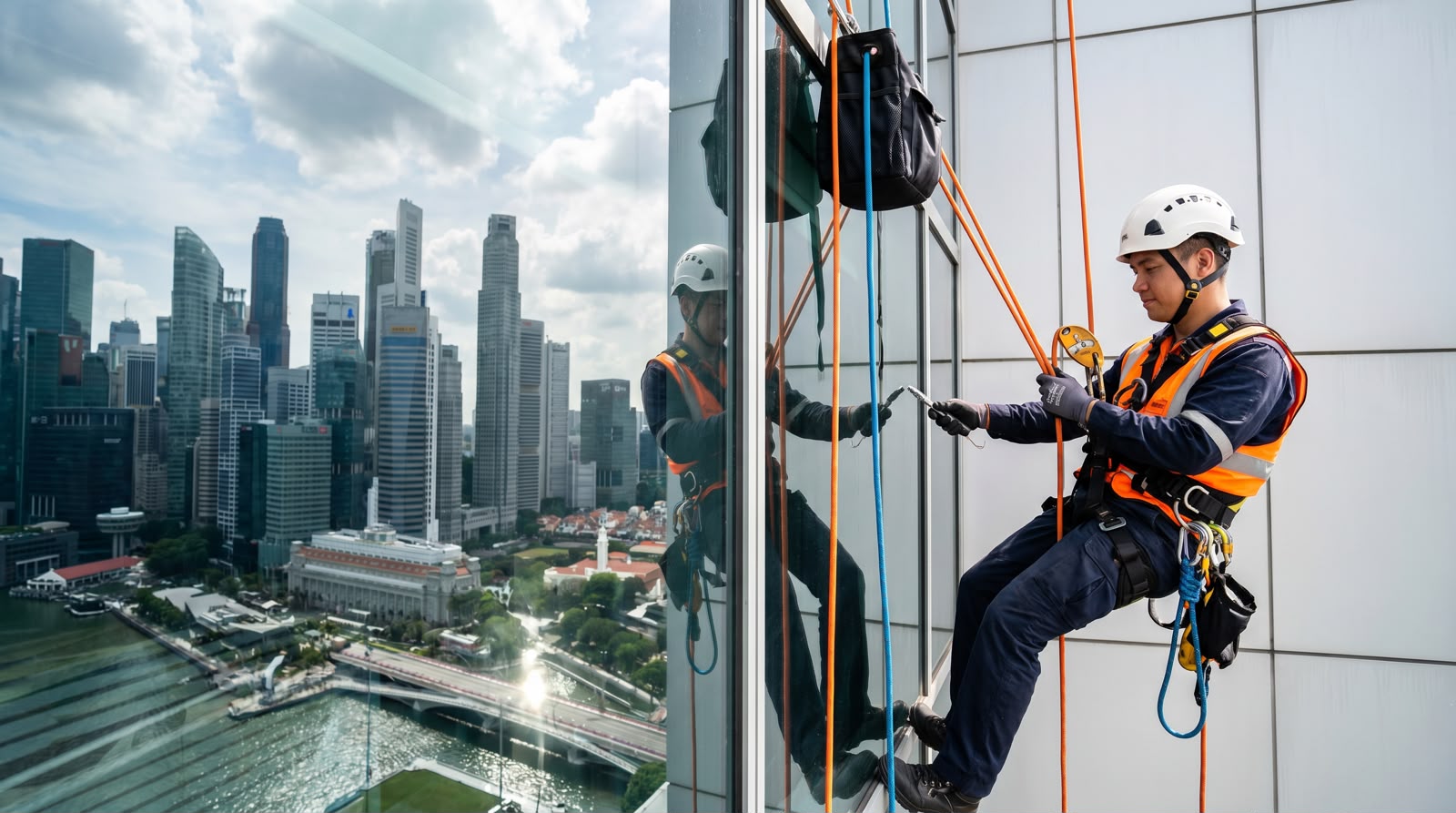 Industrial rope access technician working on a high-rise facade in Singapore